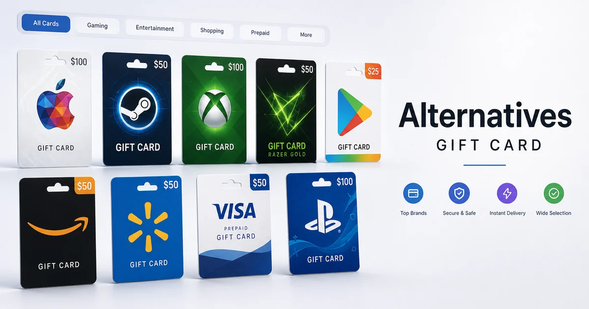 Popular gift card app alternatives visual with Apple, Steam, Xbox, Google Play, Amazon, Visa, and PlayStation style cards