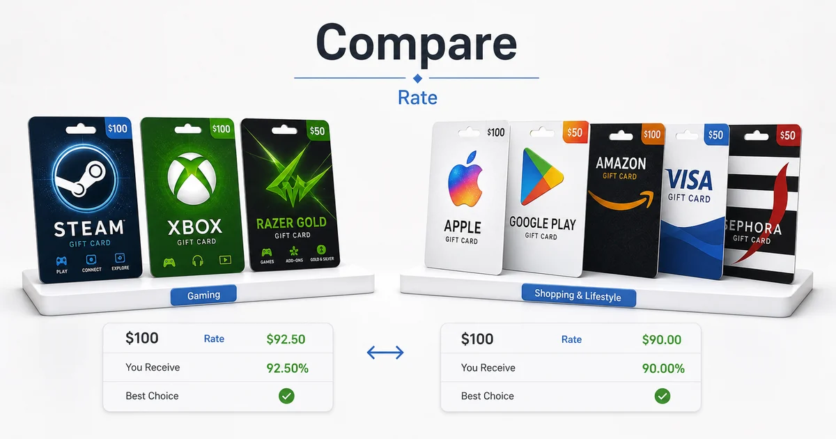Gift card trading comparison visual with Apple, Steam, Xbox, Google Play, Visa, and retail gift cards