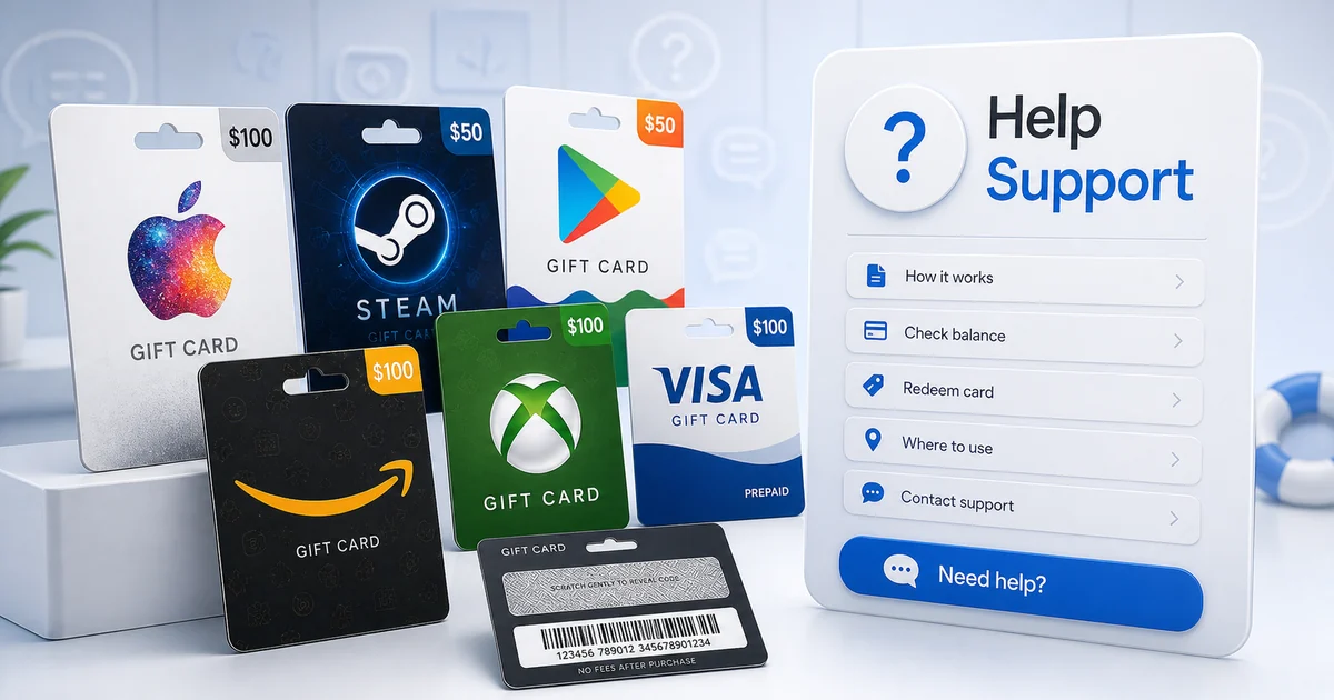 CardFlow help center visual with Apple, Steam, Xbox, Google Play, Amazon, and Visa gift cards