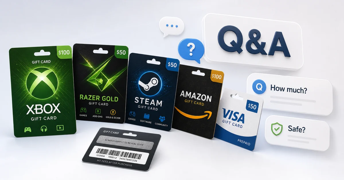 Gift card Q&A visual with Steam, Xbox, Razer Gold, Amazon, and Visa prepaid cards