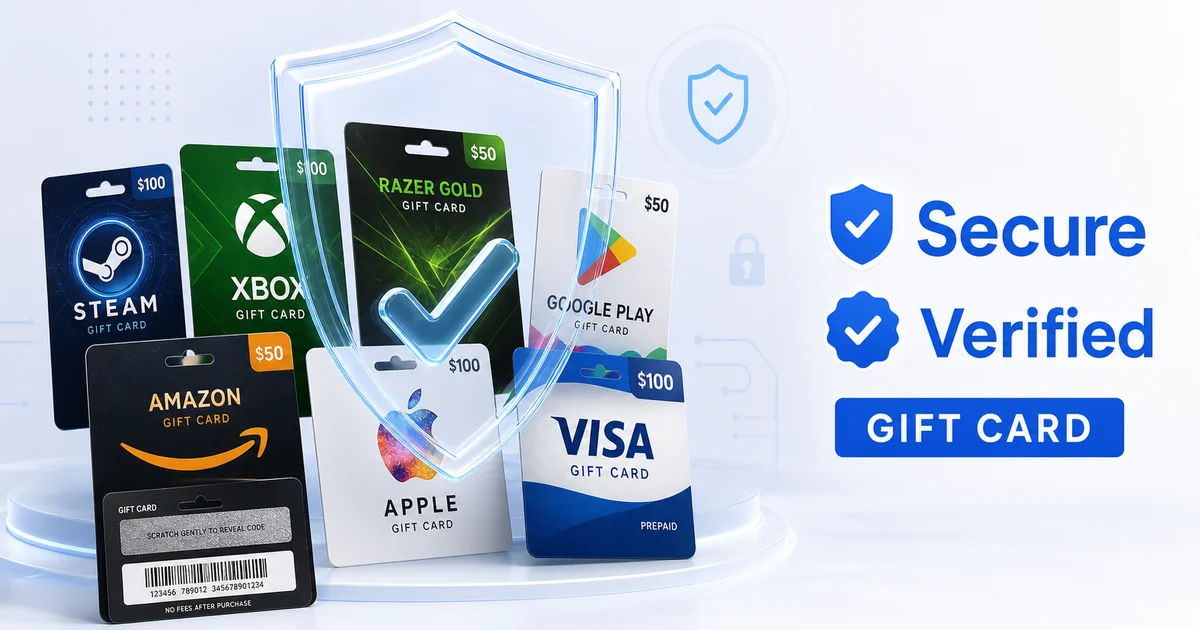 CardFlow security visual with verified gift cards, shield protection, barcode, and scratch-code details