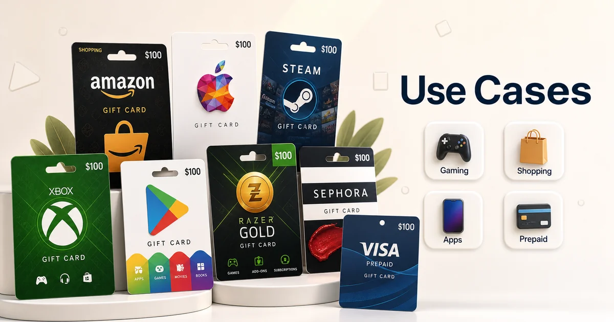 CardFlow use cases visual with gaming, shopping, app, prepaid, and beauty gift cards