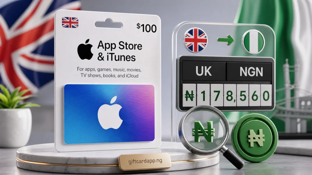 UK physical Apple iTunes 100 pound gift card with a current naira estimate