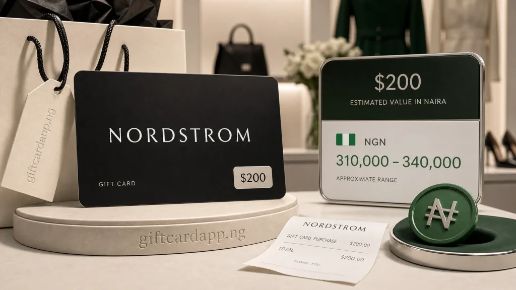 Nordstrom 200 dollar physical gift card prepared for a Nigerian naira estimate