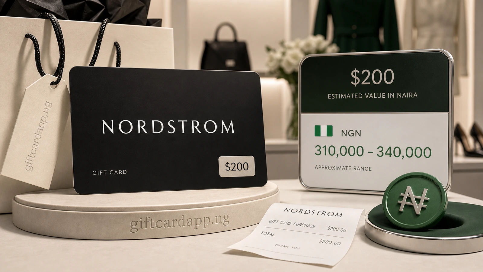 Nordstrom 200 dollar physical gift card prepared for a Nigerian naira estimate