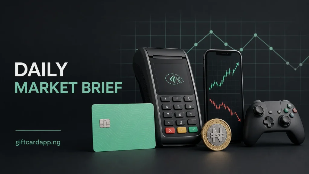 Nigeria gift card daily market brief with PoS terminal, naira coin and gaming controller