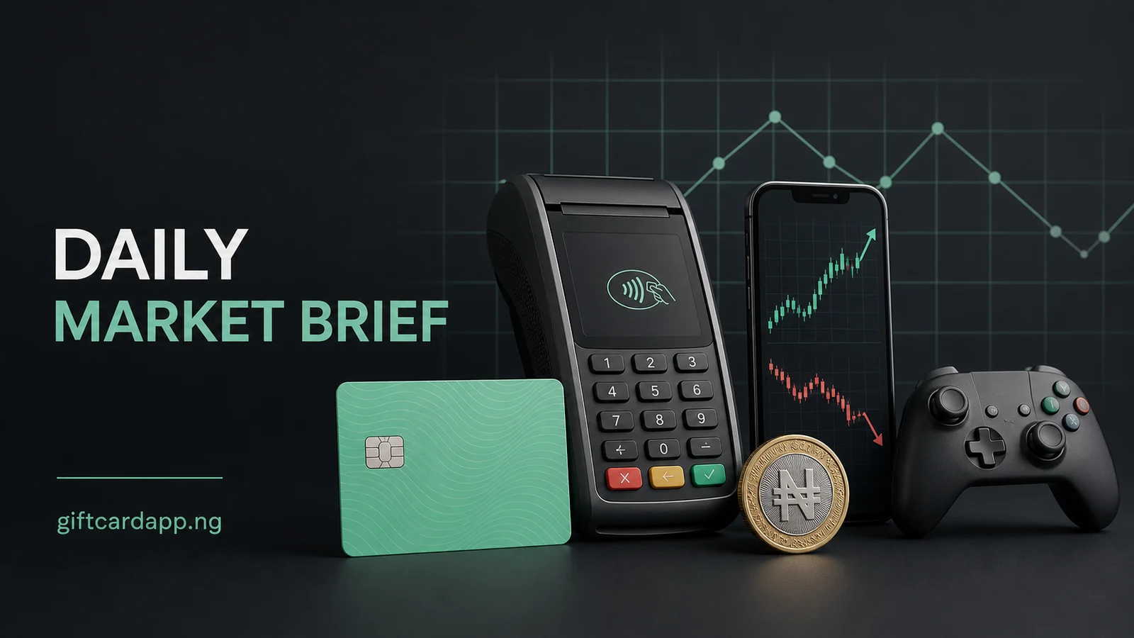 Nigeria gift card daily market brief with PoS terminal, naira coin and gaming controller