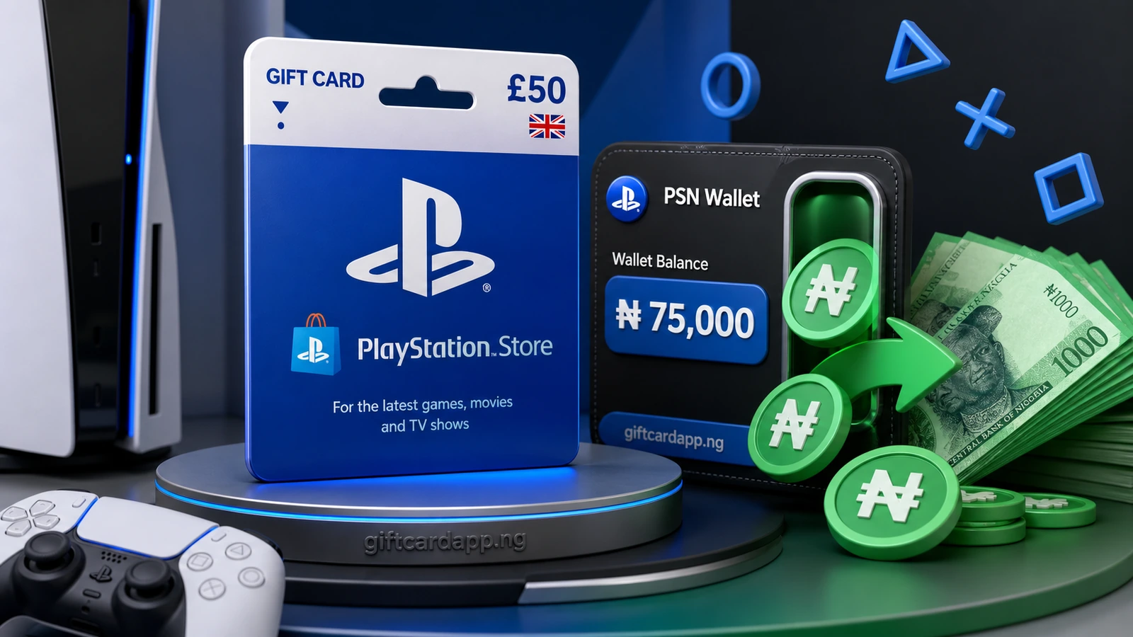 PlayStation Network gift card moving through a secure conversion process to Nigerian naira