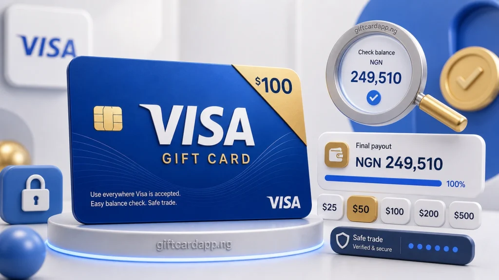 Visa gift card illustration explaining denomination and rate differences