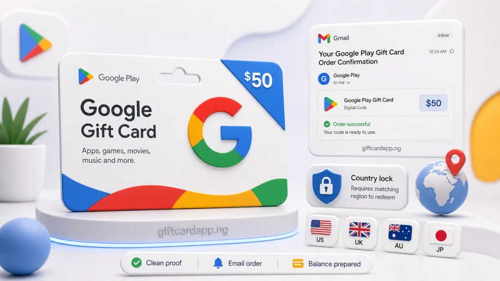 Google Play gift card beside a Nigerian naira calculator interface