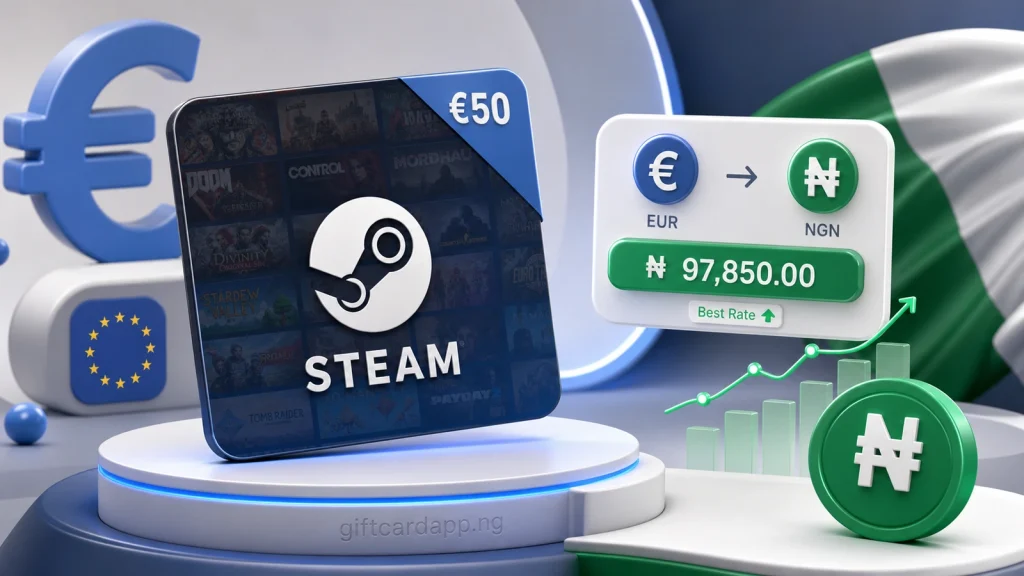 Euro Steam gift card with EUR denomination beside a Nigerian naira rate display