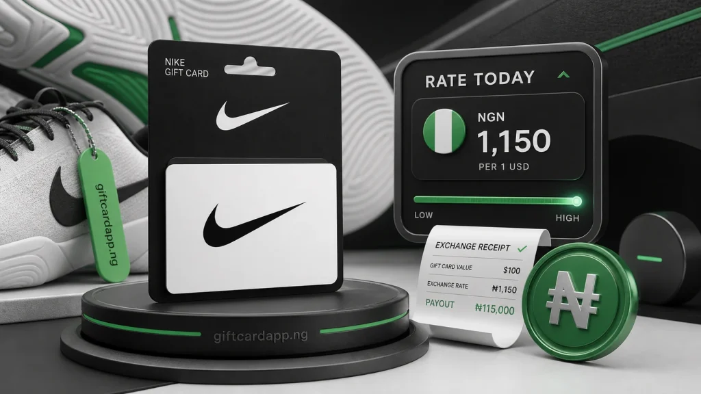 Nike physical gift card with receipt and a live Nigerian naira rate estimate