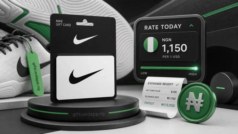 Nike physical gift card with receipt and a live Nigerian naira rate estimate