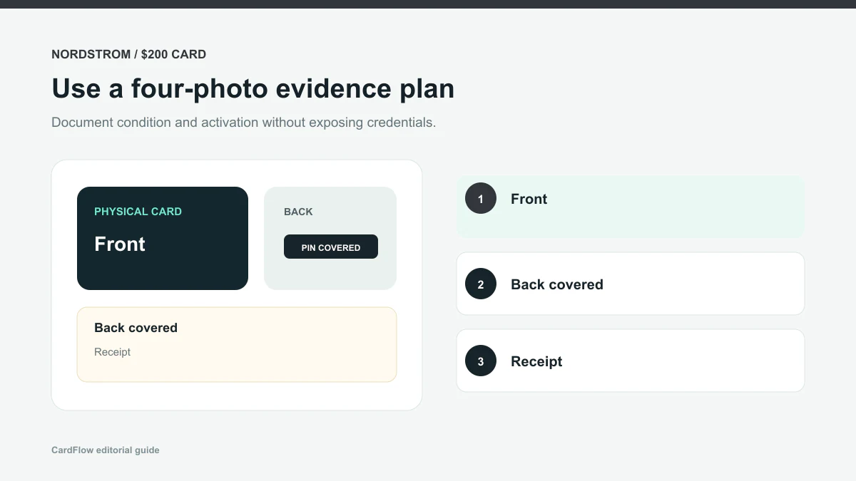 Four-photo checklist for a USD 200 Nordstrom physical Gift Card