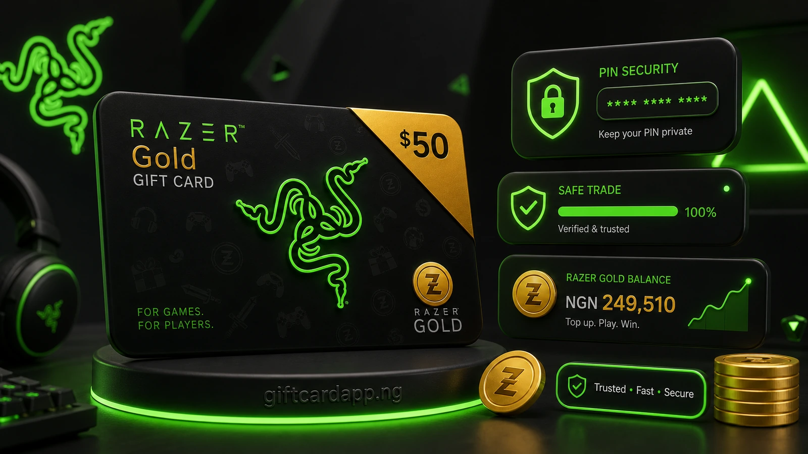 Razer Gold 50 dollar PIN gift card with a Nigerian naira value display