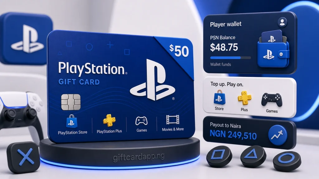 Popular PlayStation gift card illustration for selling gift cards for cash in Nigeria