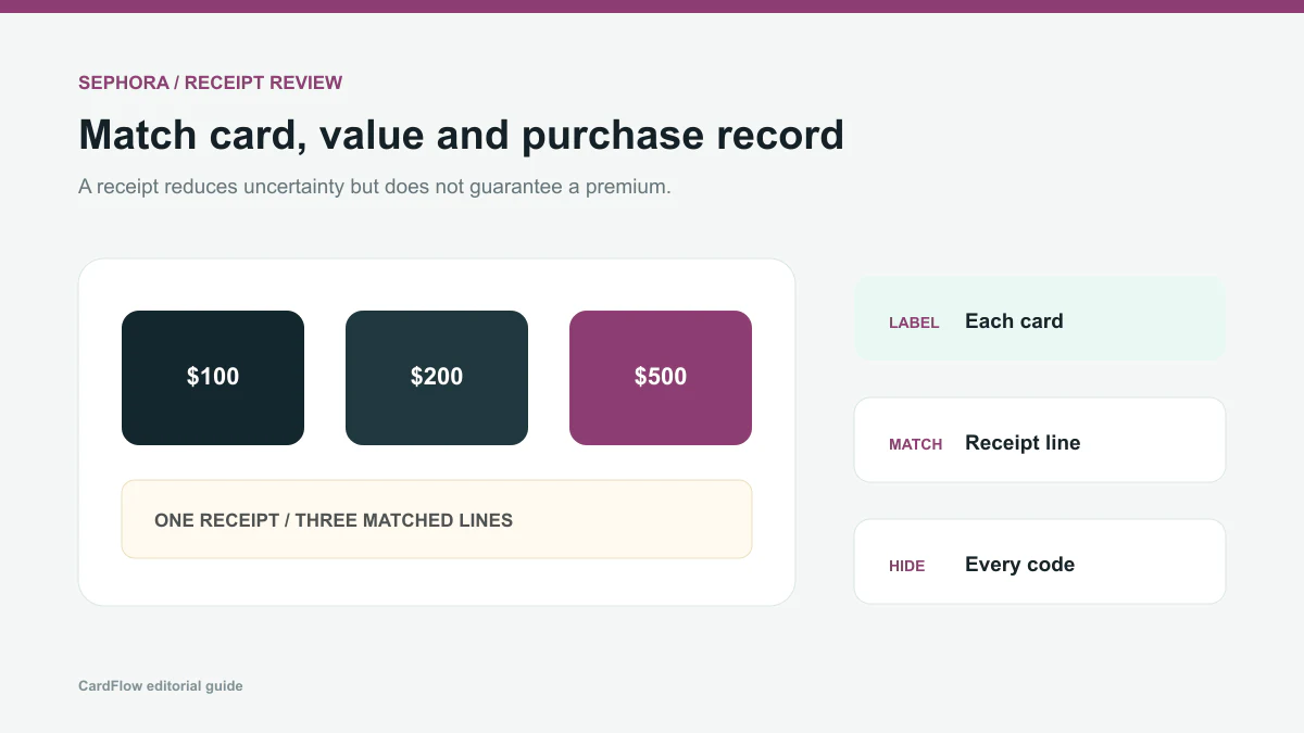 Sephora USD 100, 200 and 500 Gift Card receipt-matching checklist