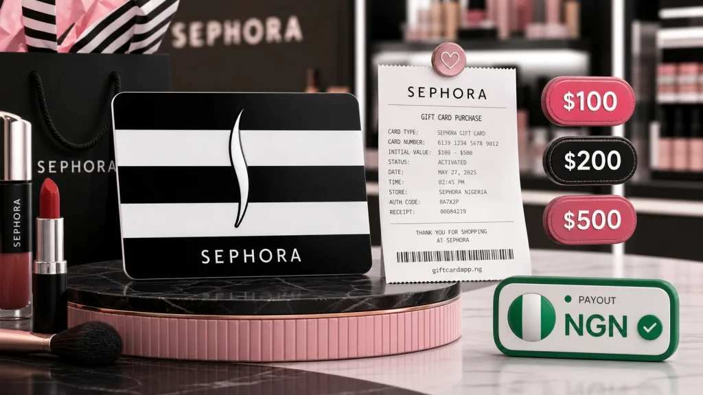 Sephora physical gift card and matching receipt for a Nigerian rate review from 100 to 500 dollars