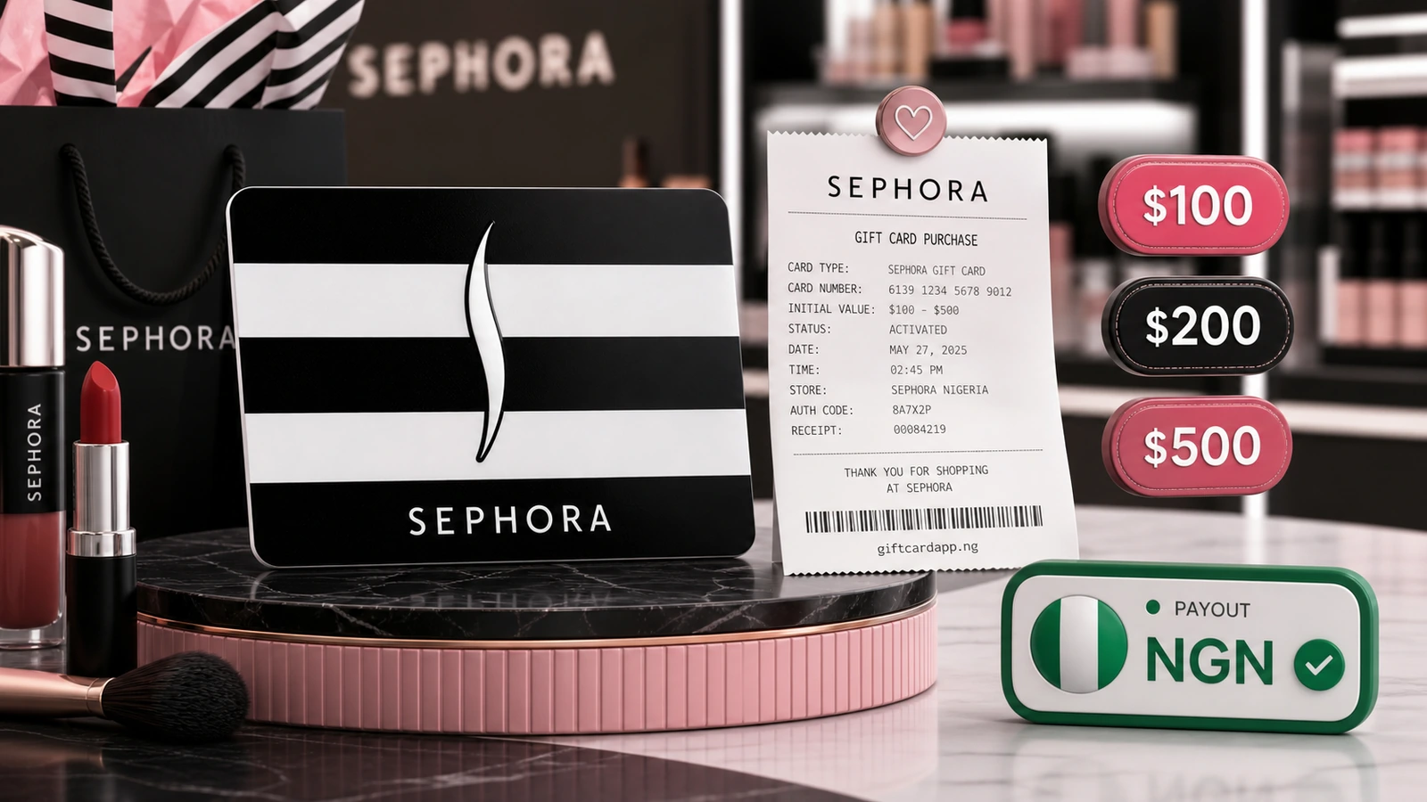 Sephora physical gift card and matching receipt for a Nigerian rate review from 100 to 500 dollars