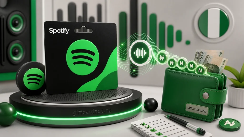Spotify gift card prepared for a safe Nigerian route and cash-out status check