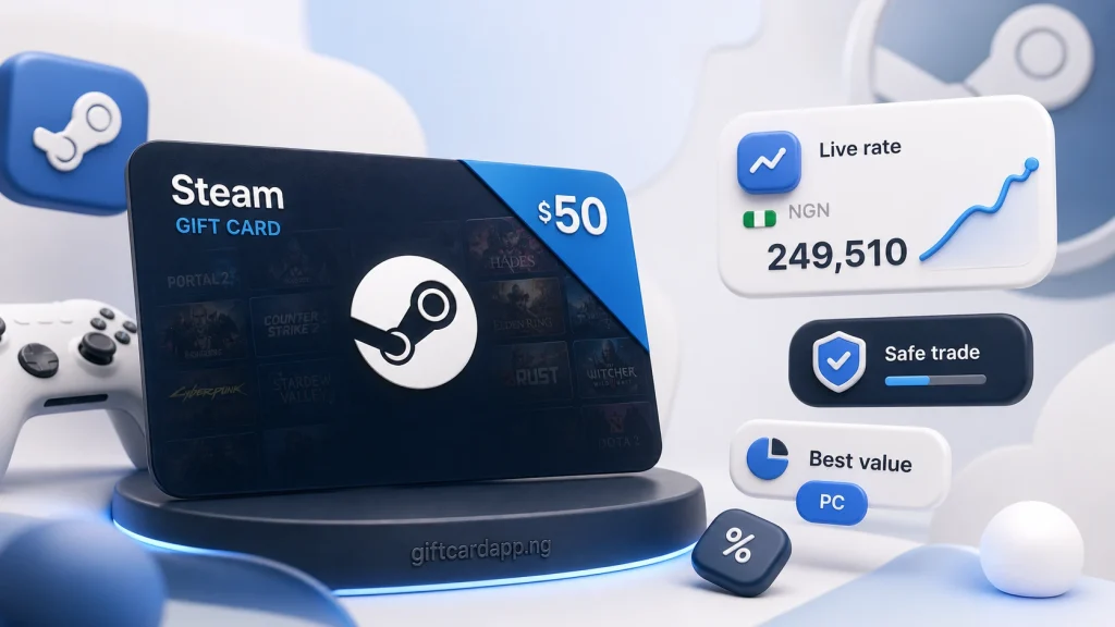 Steam 100 dollar gift card beside a Nigerian naira rate calculation display
