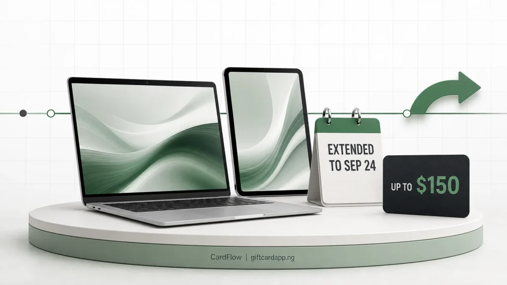 Laptop, tablet, September 24 calendar and up to 150 dollar gift card illustrating Apple's extended education offer
