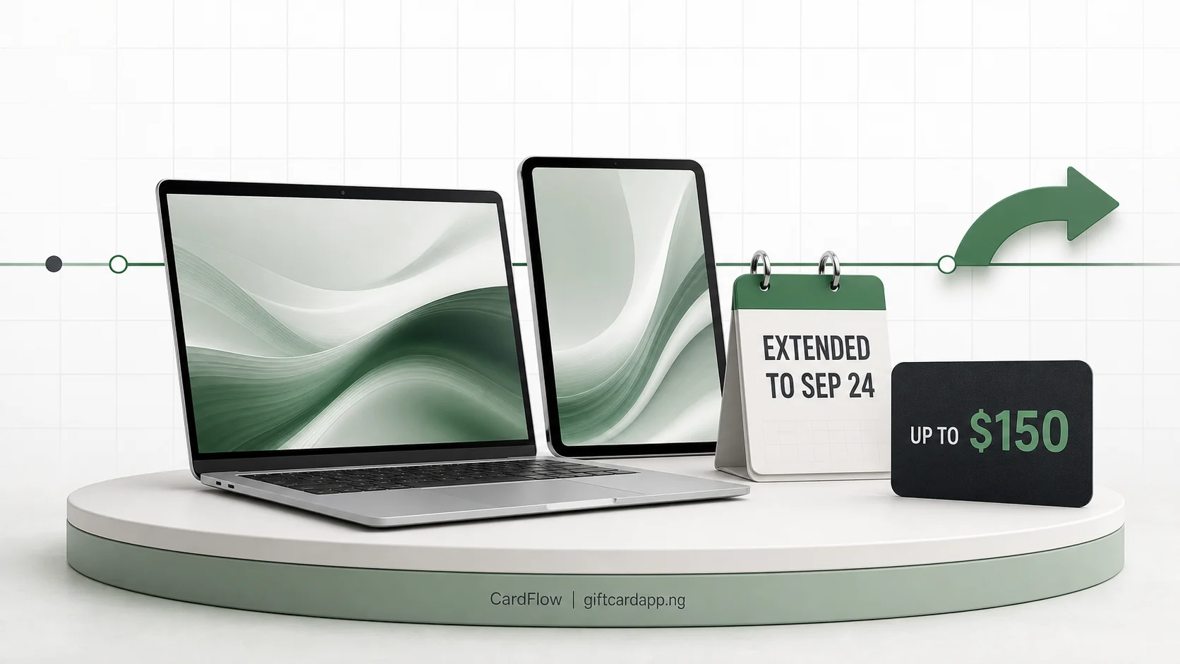 Laptop, tablet, September 24 calendar and up to 150 dollar gift card illustrating Apple's extended education offer
