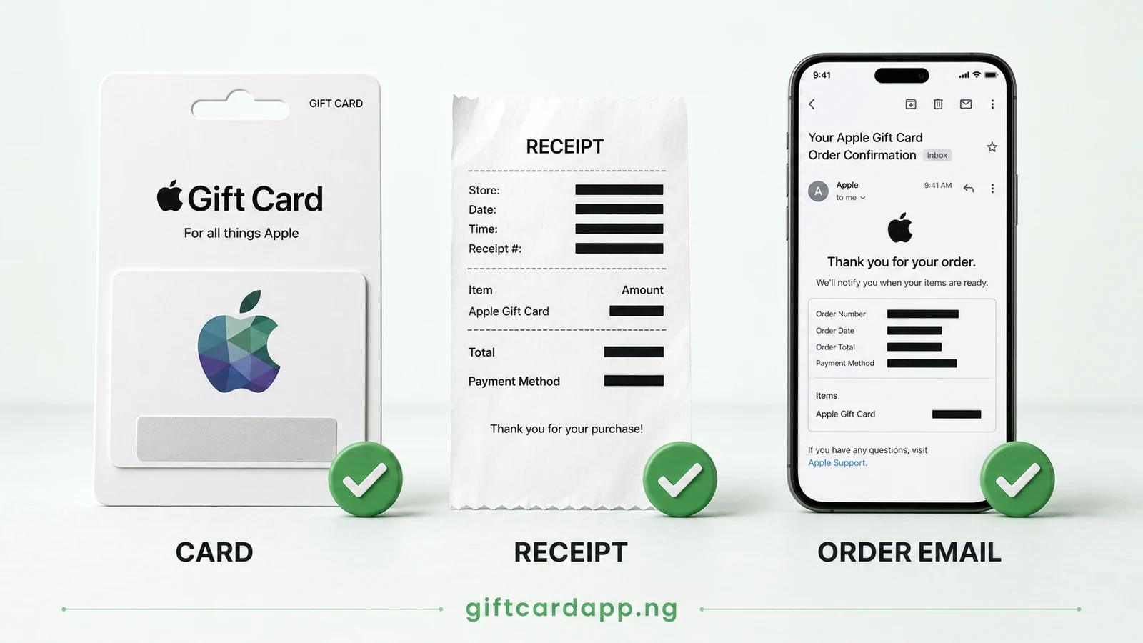 Apple Gift Card receipt and e-code proof checklist with redemption details hidden
