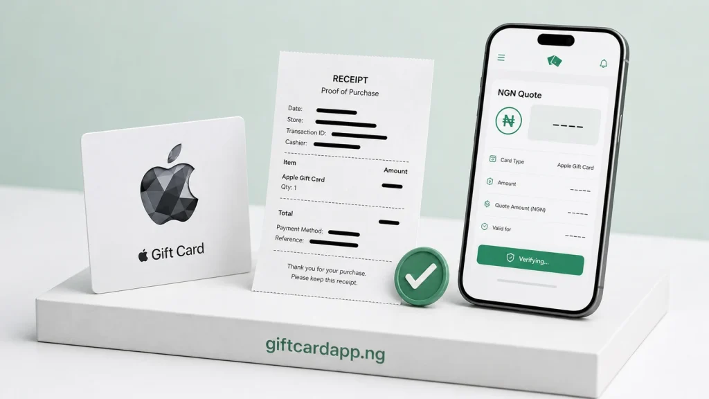 Apple Gift Card with a redacted receipt and naira quote in Nigeria