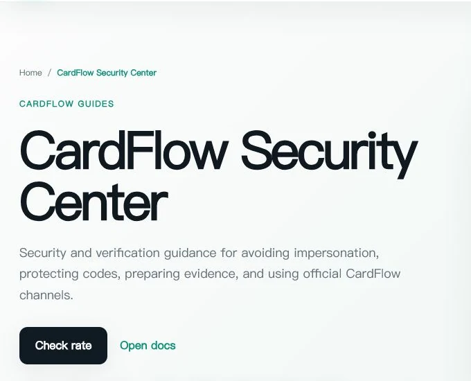 CardFlow Security Center page with official security and verification guidance