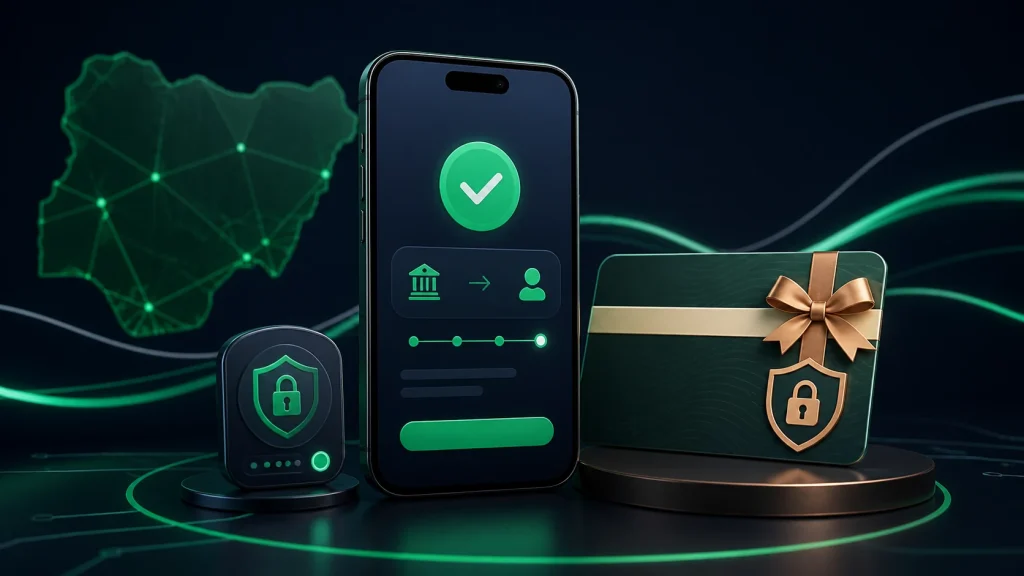 Secure mobile bank transfer and protected Gift Card representing Nigeria instant payment controls