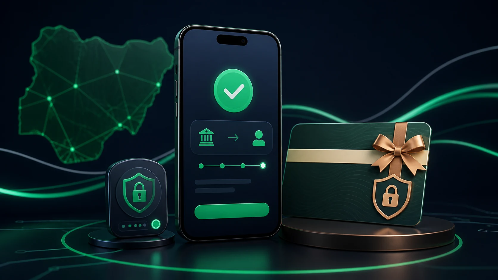 Secure mobile bank transfer and protected Gift Card representing Nigeria instant payment controls