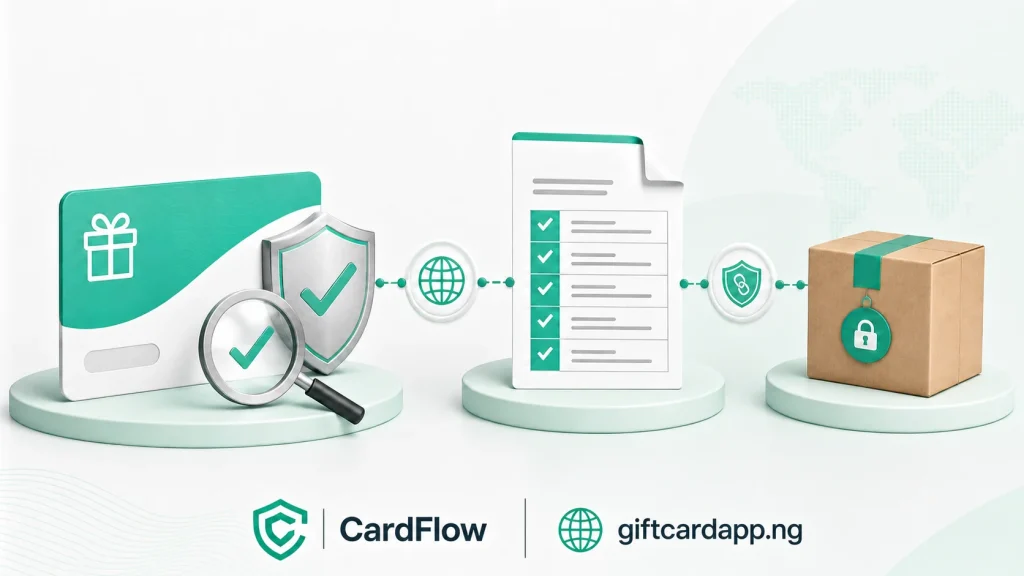 Protected gift card, parcel and verification trail illustrating source checks after a US fraud indictment