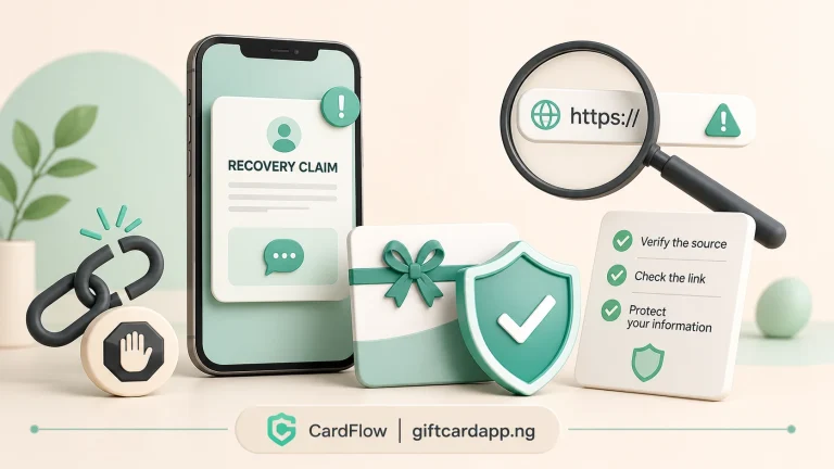 Phone showing a fake recovery message beside a protected gift card and an independent verification checklist