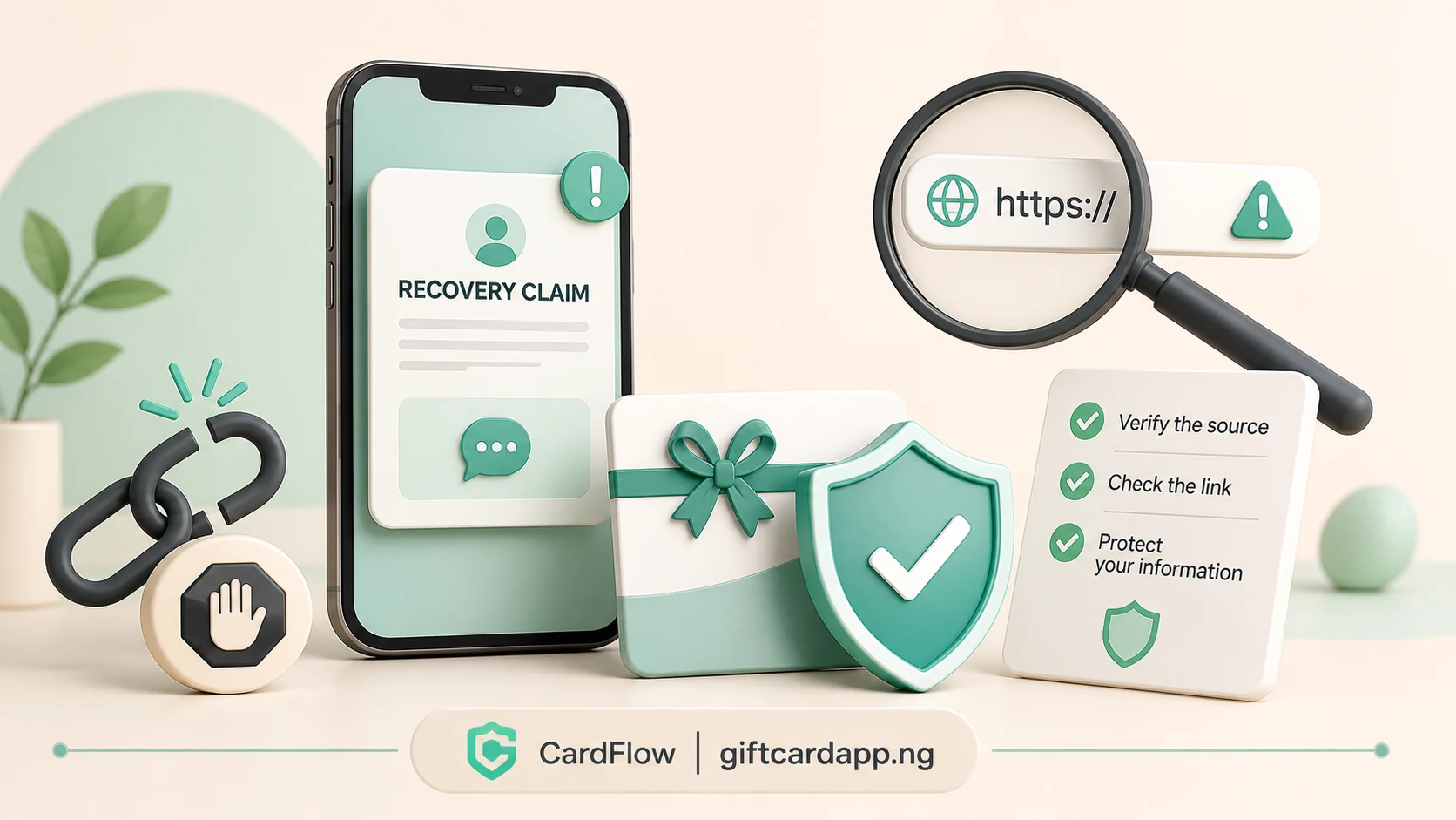 Phone showing a fake recovery message beside a protected gift card and an independent verification checklist