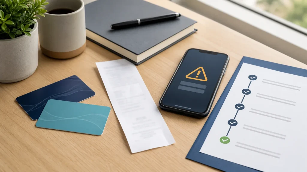 Generic gift cards beside a phone warning and a case tracker ending in a completed step