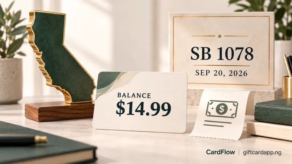 California policy illustration with a gift card balance of 14.99 dollars and an SB 1078 news marker