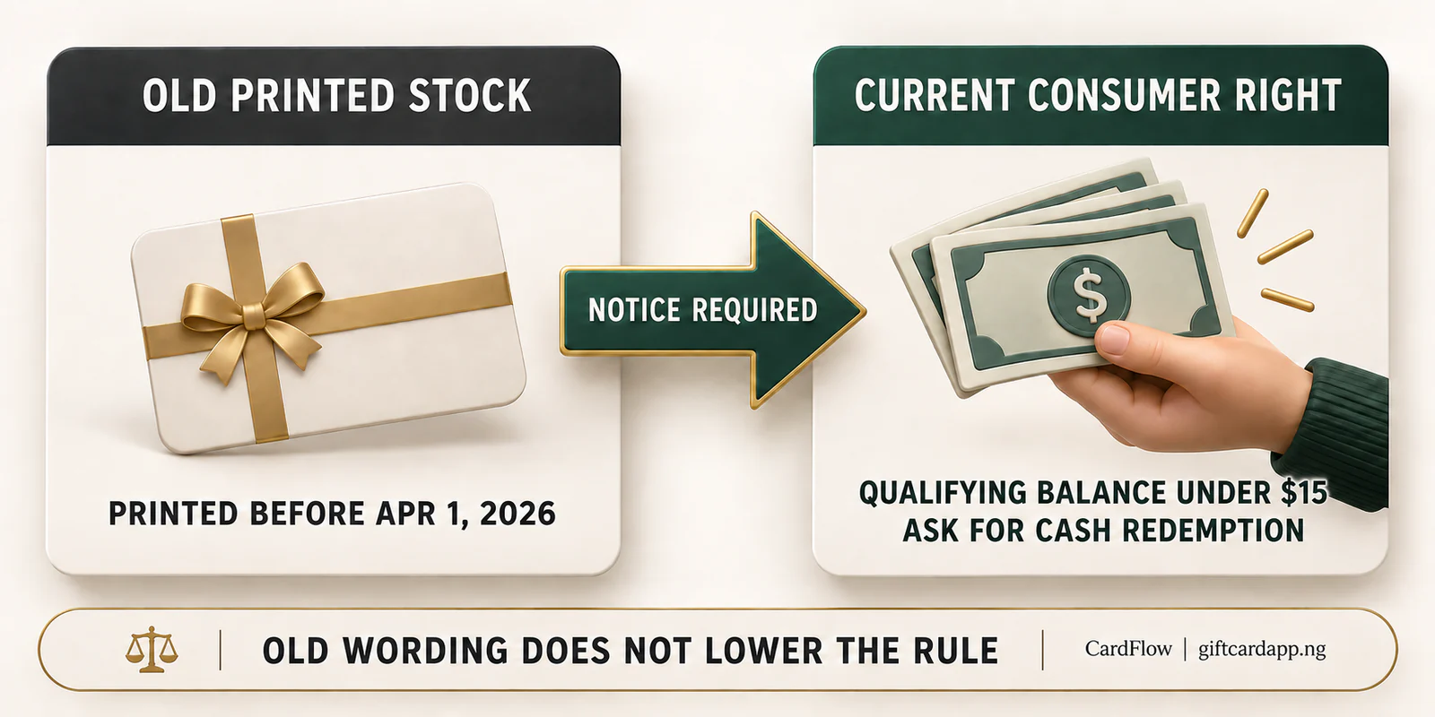 Comparison of old printed gift card stock and California's current under-15-dollar cash-redemption rule