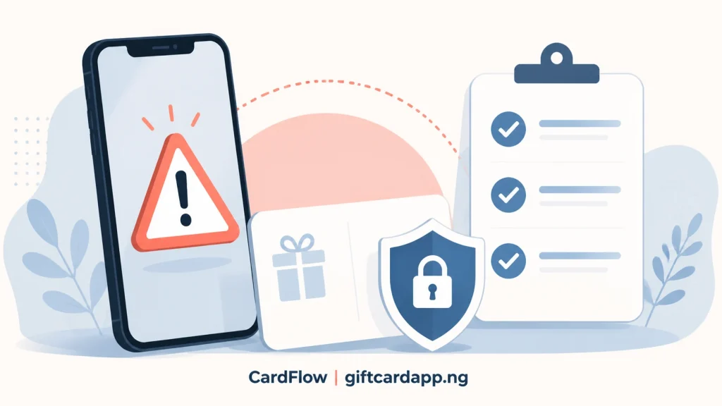 Phone showing an urgent payment warning beside a protected gift card and verification checklist