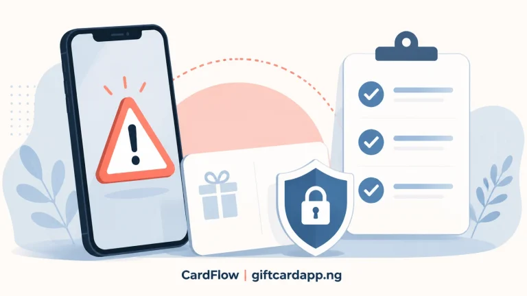 Phone showing an urgent payment warning beside a protected gift card and verification checklist