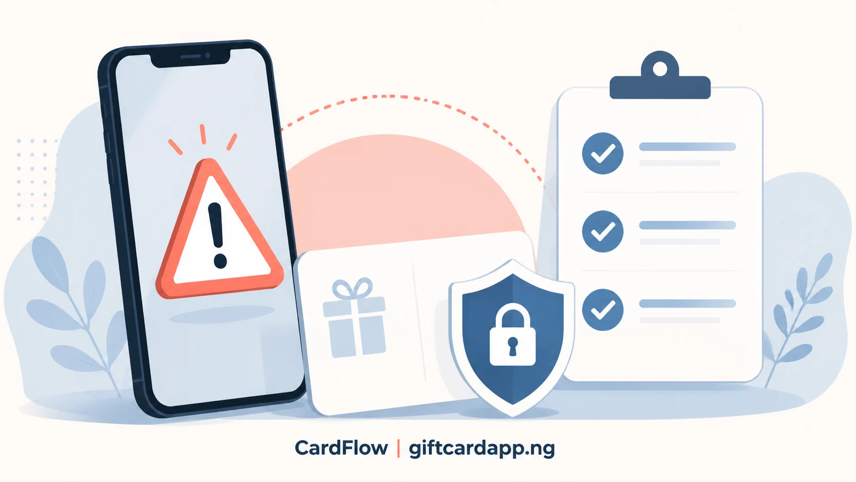 Phone showing an urgent payment warning beside a protected gift card and verification checklist