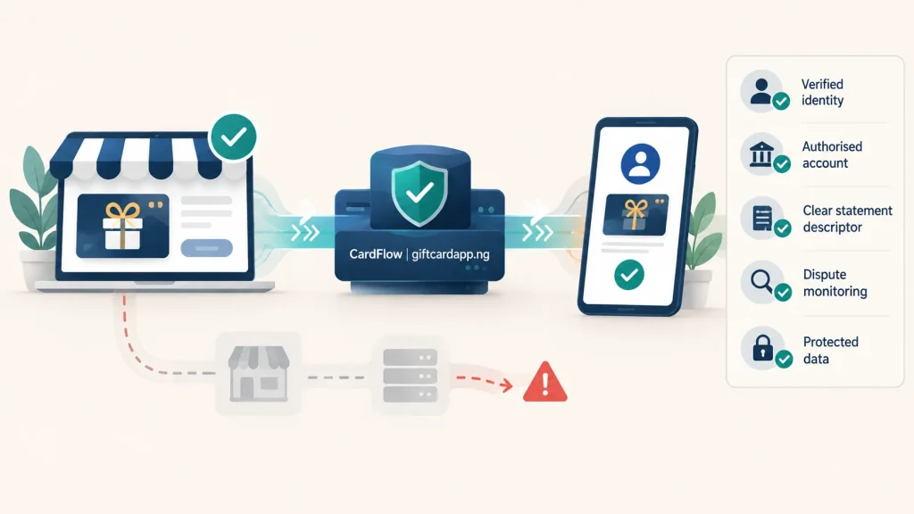 Payment path linking a verified seller, processor and buyer beside a risk checklist