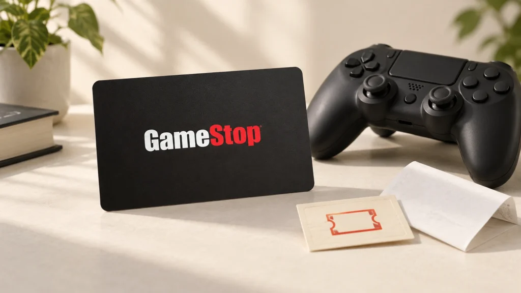 Illustrative black GameStop gift card beside a game controller, separate coupon symbol and blank receipt