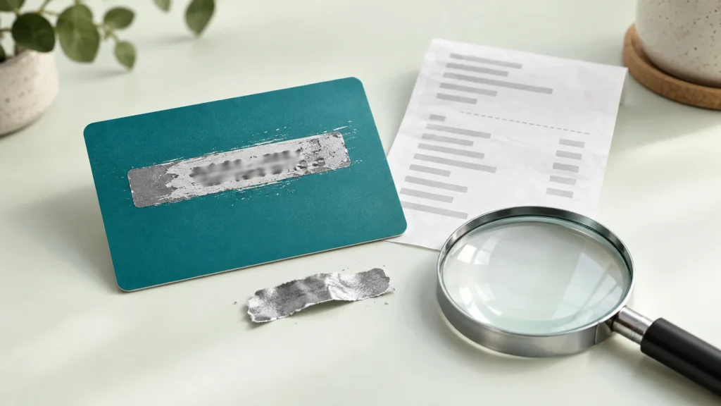 Generic gift card with a damaged unreadable scratch strip beside a receipt and magnifying glass