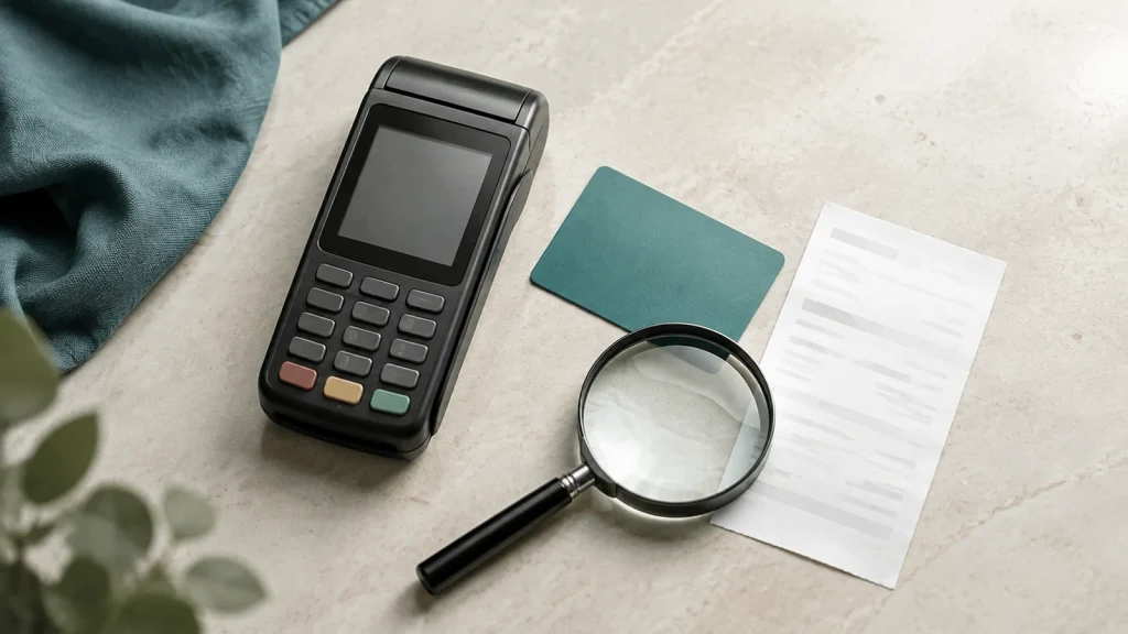 Generic gift card beside a payment terminal, receipt and magnifying glass