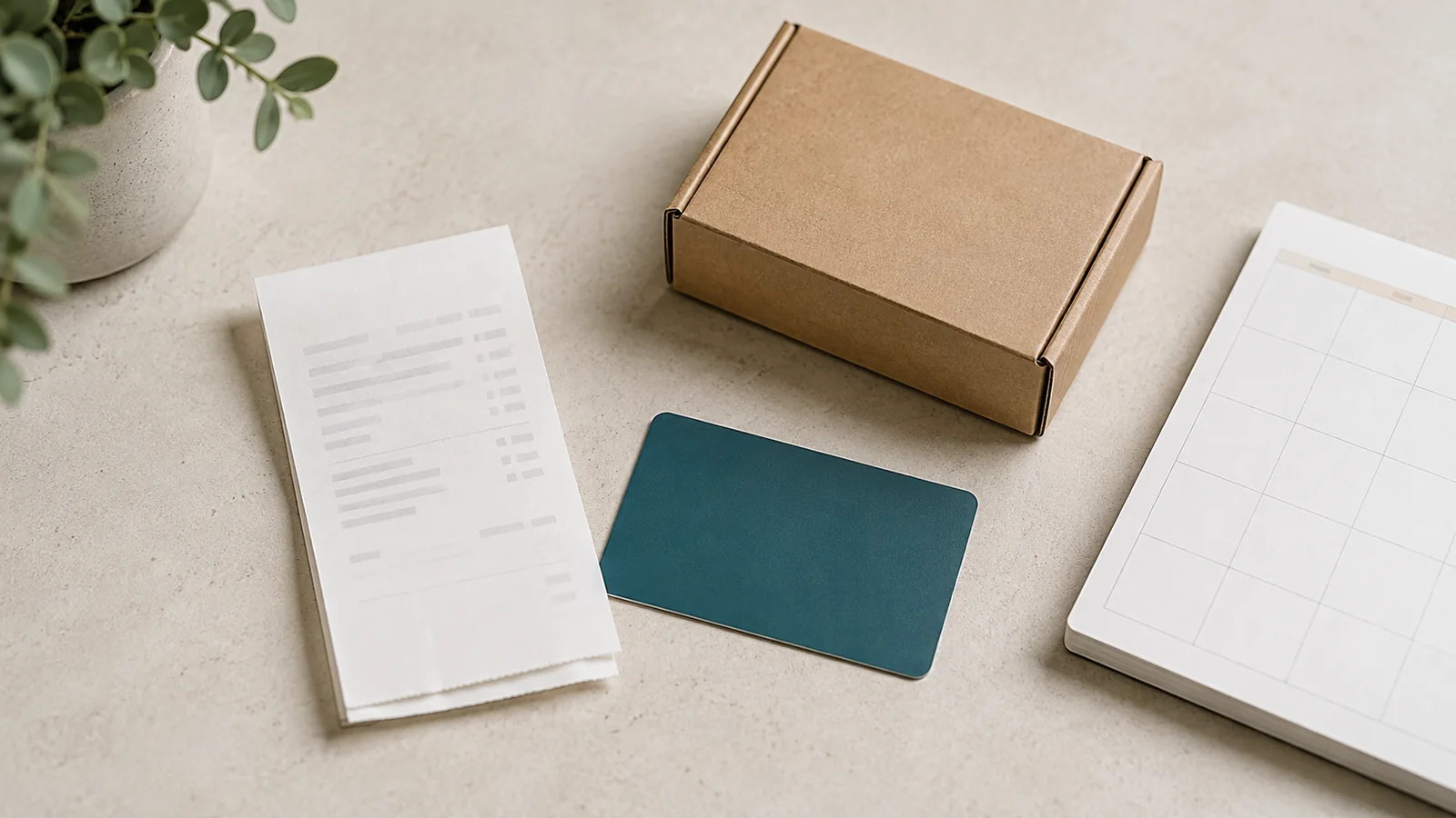 Generic gift card beside a return parcel, receipt and blank calendar