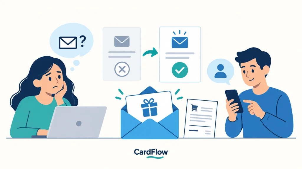Buyer and recipient checking an email gift card, with an old delivery marked invalid and a replacement marked with a check