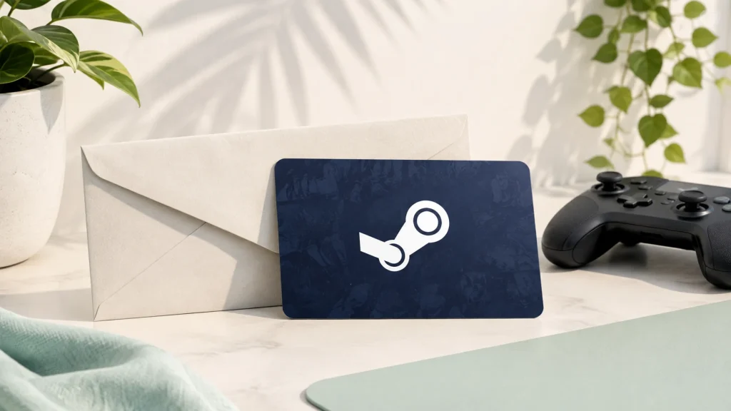Editorial illustration of a Steam-logo card beside a sealed envelope and game controller