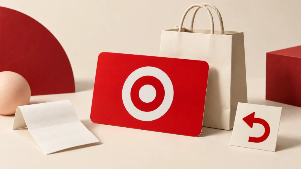 Editorial red Target-symbol gift card beside a shopping bag, blank receipt and return-arrow tile