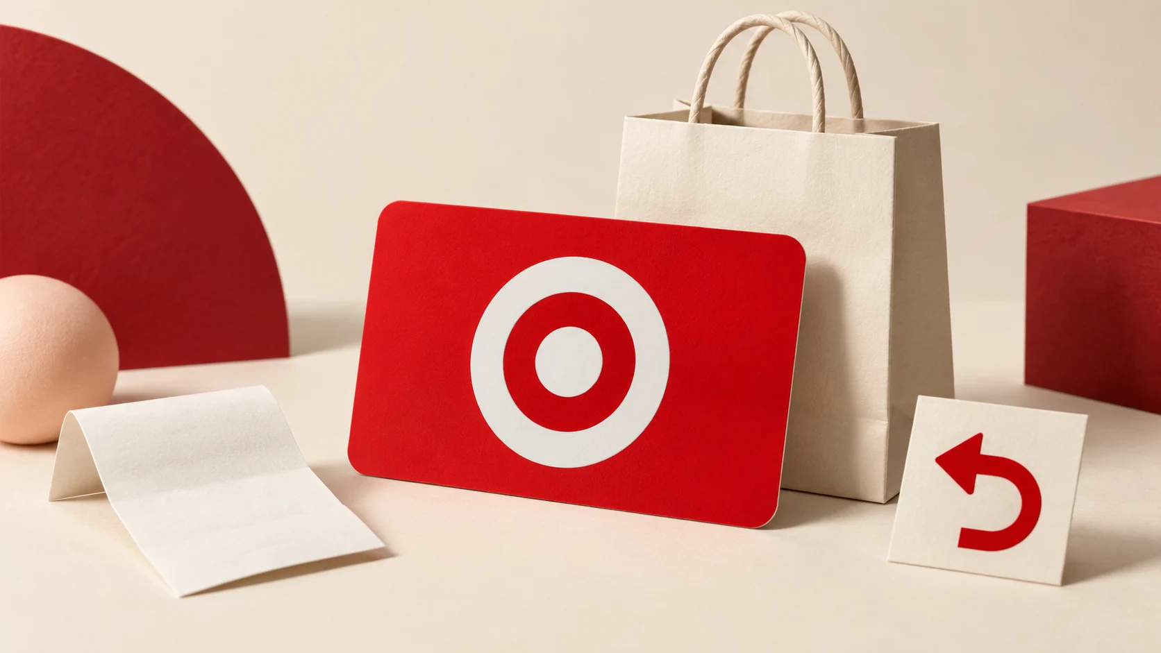 Editorial red Target-symbol gift card beside a shopping bag, blank receipt and return-arrow tile